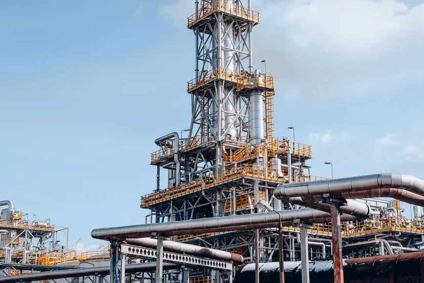 Estrutura de aço de vários níveis em volta de uma coluna de refinaria, com plataformas, escadas e guarda-corpos amarelos, e um pipe rack com tubulações isoladas na frente
